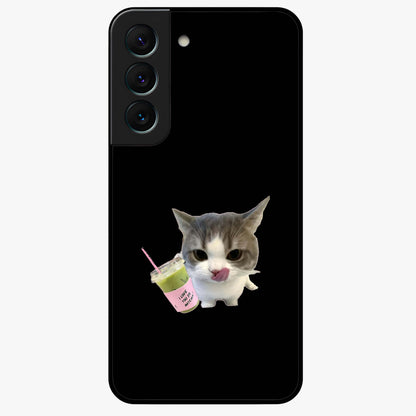 Matcha Cat Style Glass Case showing flat back view with cute matcha themed cat artwork and glossy glass finish.