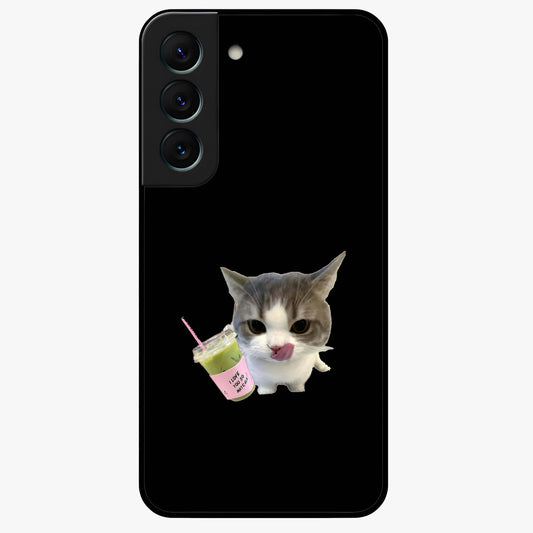 Matcha Cat Style Glass Case showing flat back view with cute matcha themed cat artwork and glossy glass finish.