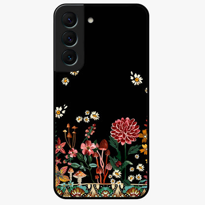 Midnight Bloom Pattern Glass Case showing flat back view with dark floral pattern artwork and glossy glass finish.