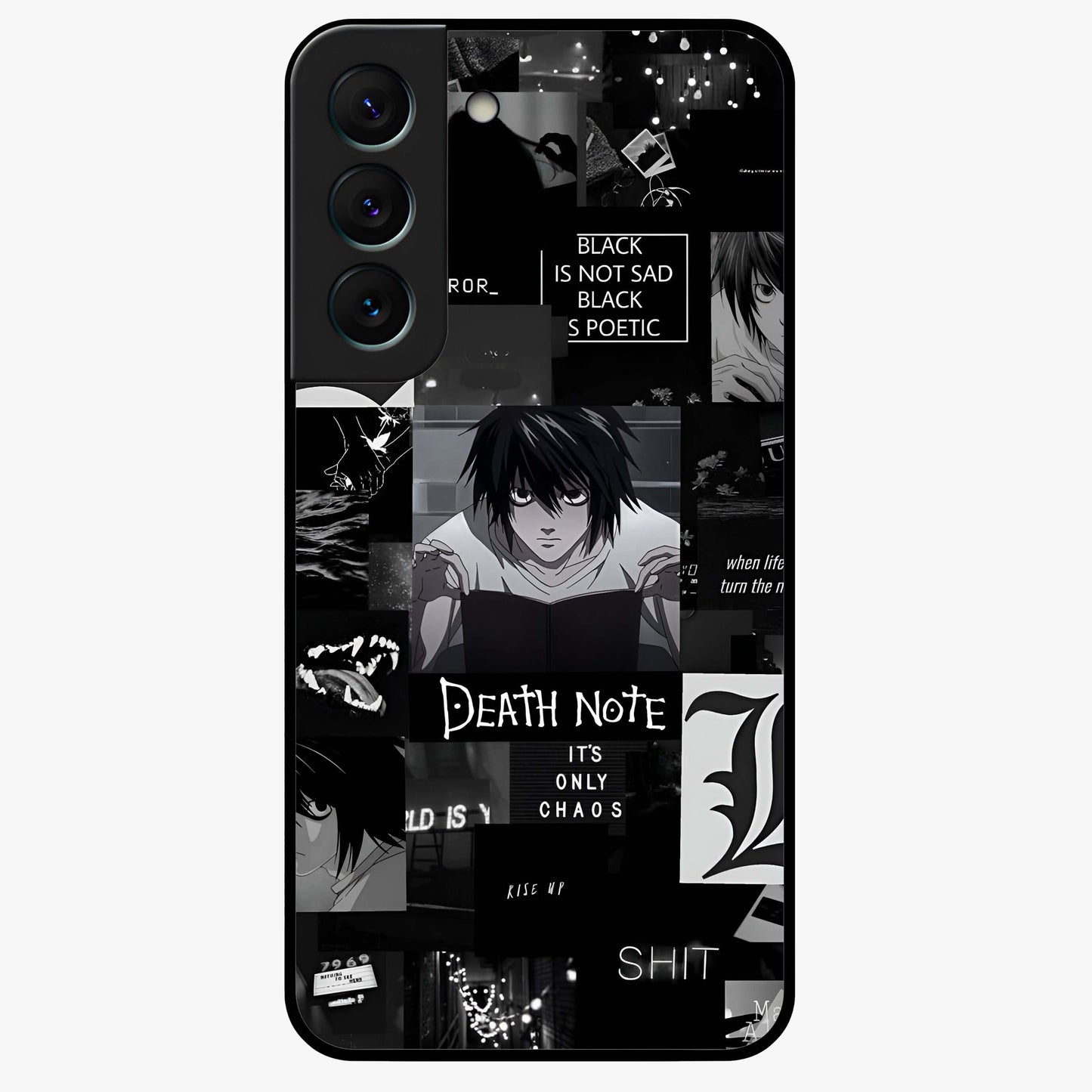 Midnight Chaos Mind Glass Case showing flat back view with abstract dark themed artwork and glossy glass finish.