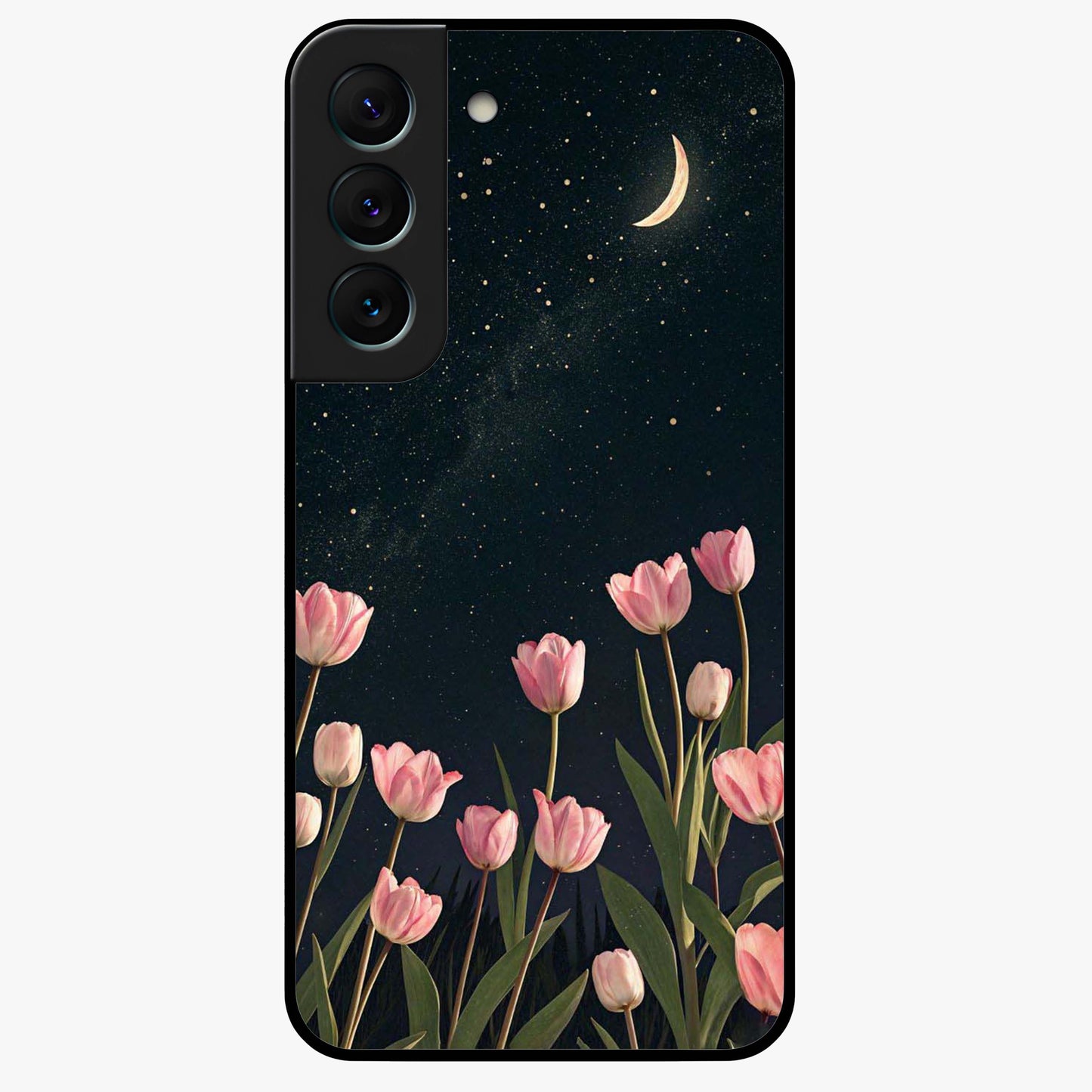 Midnight Tulip Whispers Vibe Glass Case showing flat back view with elegant tulip flower artwork and glossy glass finish.