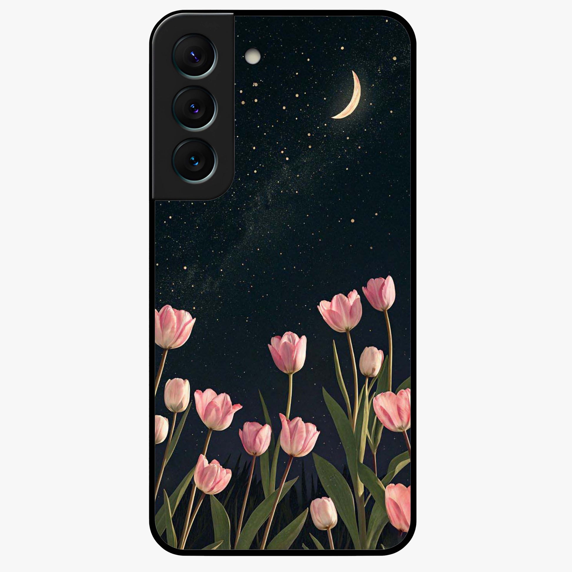 Midnight Tulip Whispers Vibe Glass Case showing flat back view with elegant tulip flower artwork and glossy glass finish.