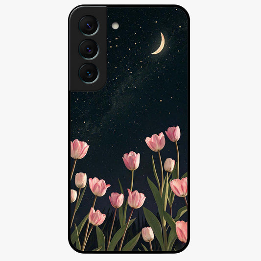 Midnight Tulip Whispers Vibe Glass Case showing flat back view with elegant tulip flower artwork and glossy glass finish.