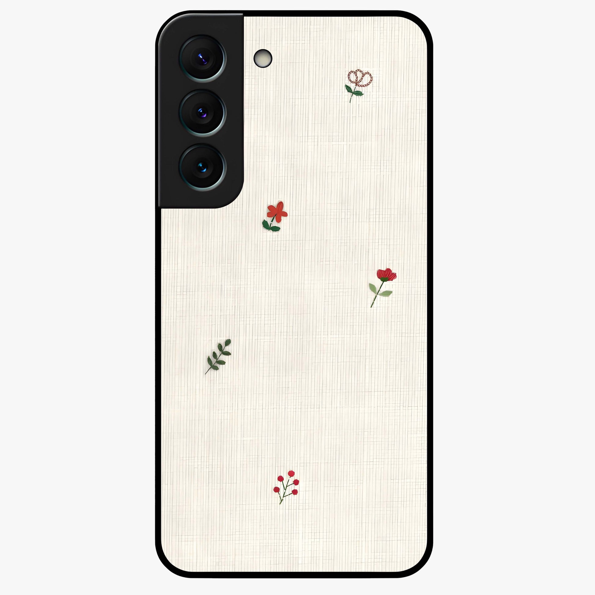 Minimal Petal Whispers Glass Case showing flat back view with soft minimal floral artwork and glossy glass finish.