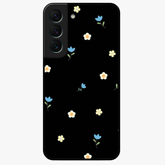 Minimalistic Blue With White Flower Pattern Glass Case showing flat back view with blue background and white flower pattern and glossy glass finish.