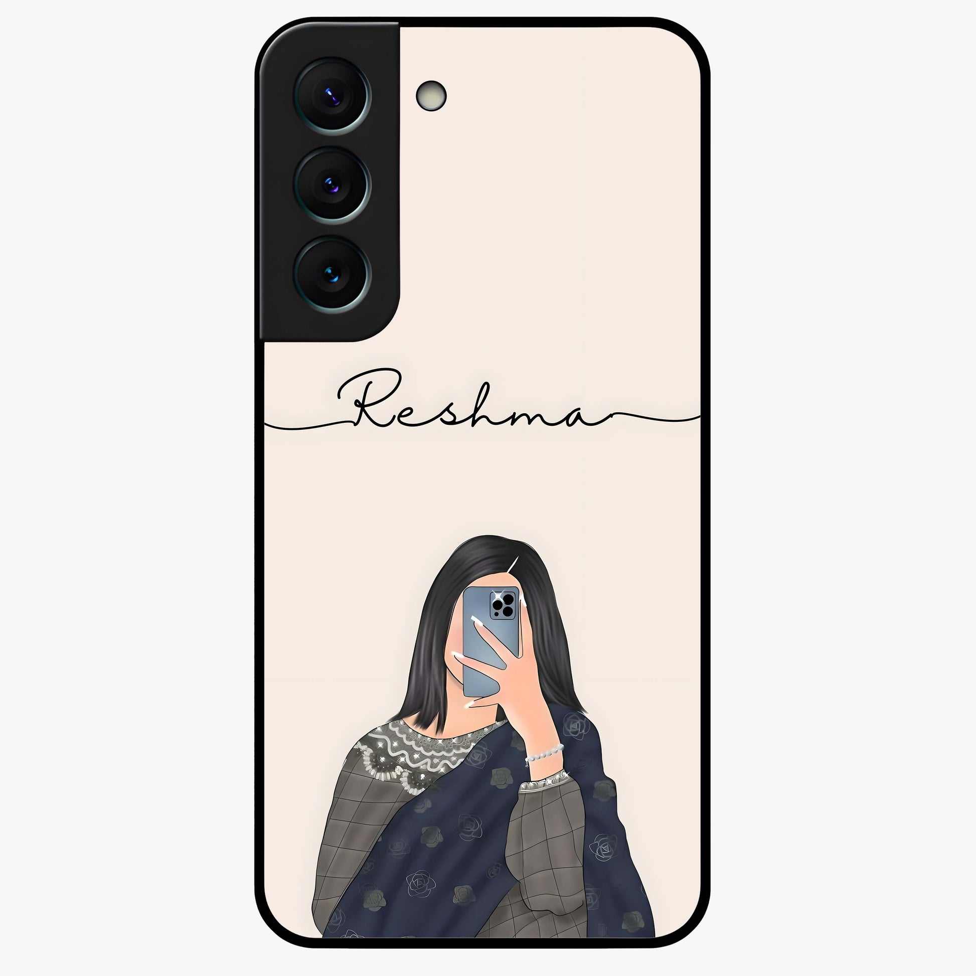 Mirror Mood Muse With Custom Name Glass Case showing flat back view with stylish mirrored artwork and personalized name design.