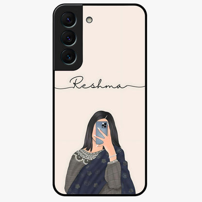 Mirror Mood Muse With Custom Name Glass Case showing flat back view with stylish mirrored artwork and personalized name design.