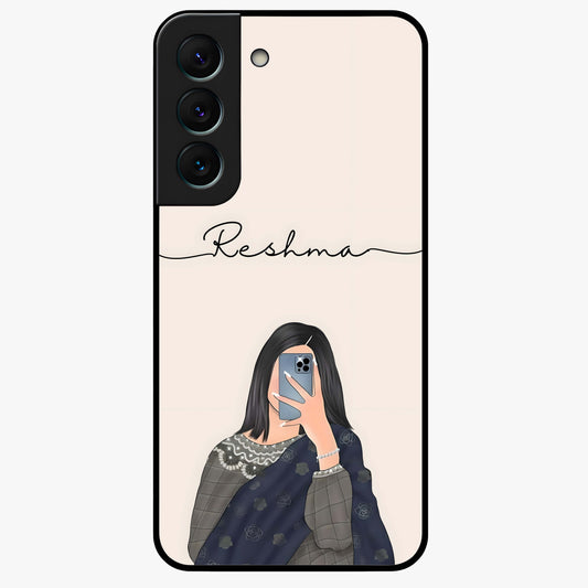 Mirror Mood Muse With Custom Name Glass Case showing flat back view with stylish mirrored artwork and personalized name design.