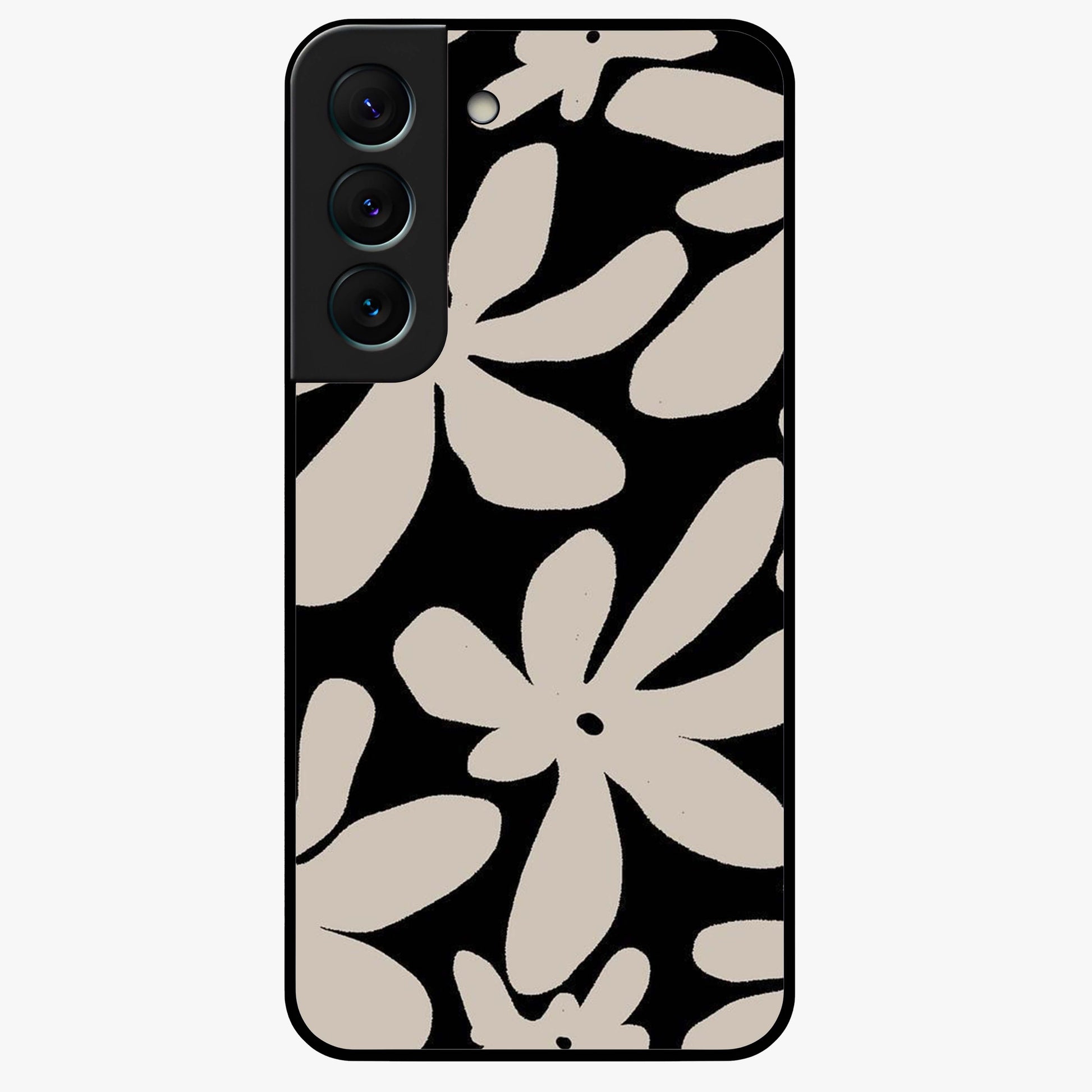 Monochrome Petal Dance Glass Case showing flat back view with monochrome floral artwork and glossy glass finish.