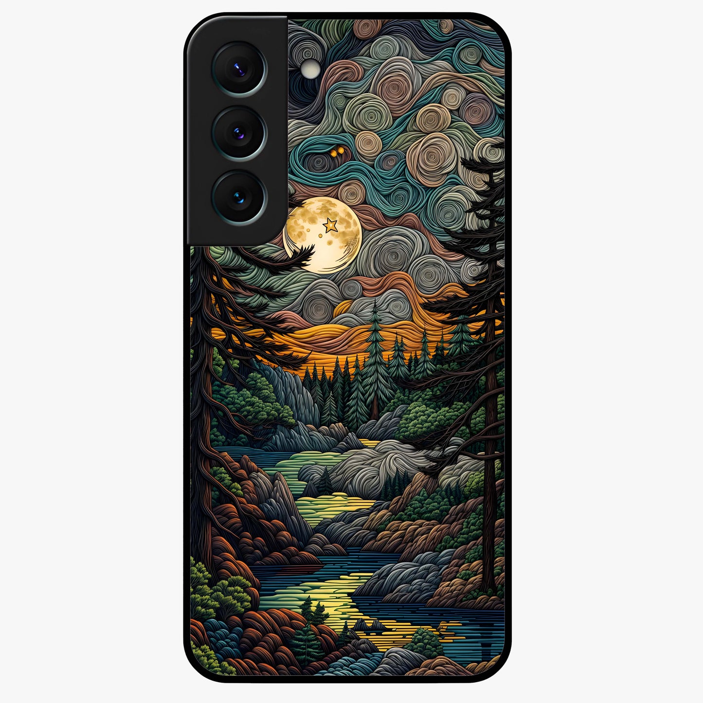 Moonlight Forest Dream Glass Case showing flat back view with mystical forest moonlight artwork and glossy glass finish.
