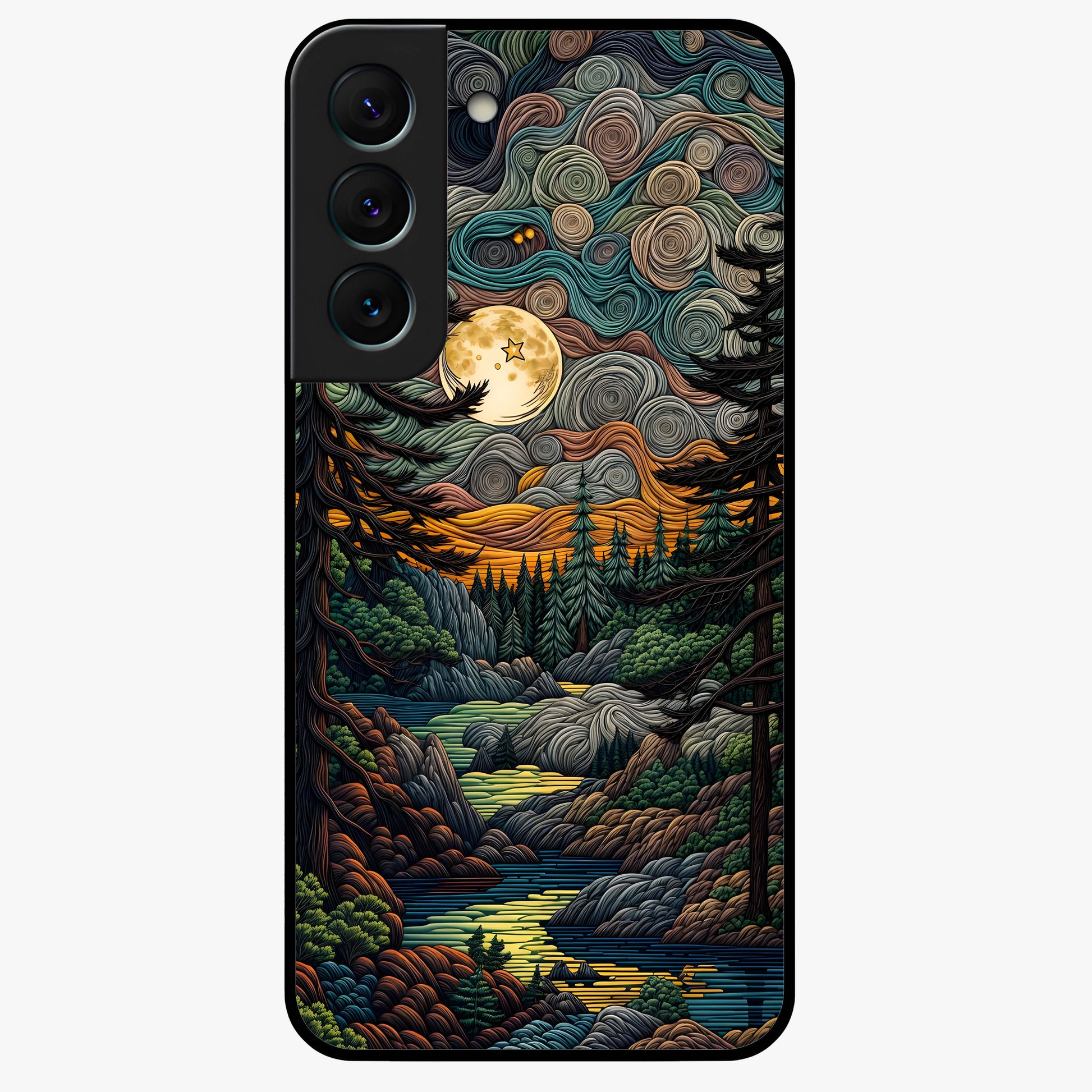 Moonlight Forest Dream Glass Case showing flat back view with mystical forest moonlight artwork and glossy glass finish.