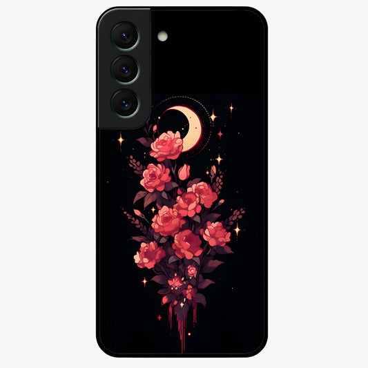 Moonlit Floral Elegance Glass Case showing flat back view with elegant floral artwork under moonlit tones and glossy glass finish.