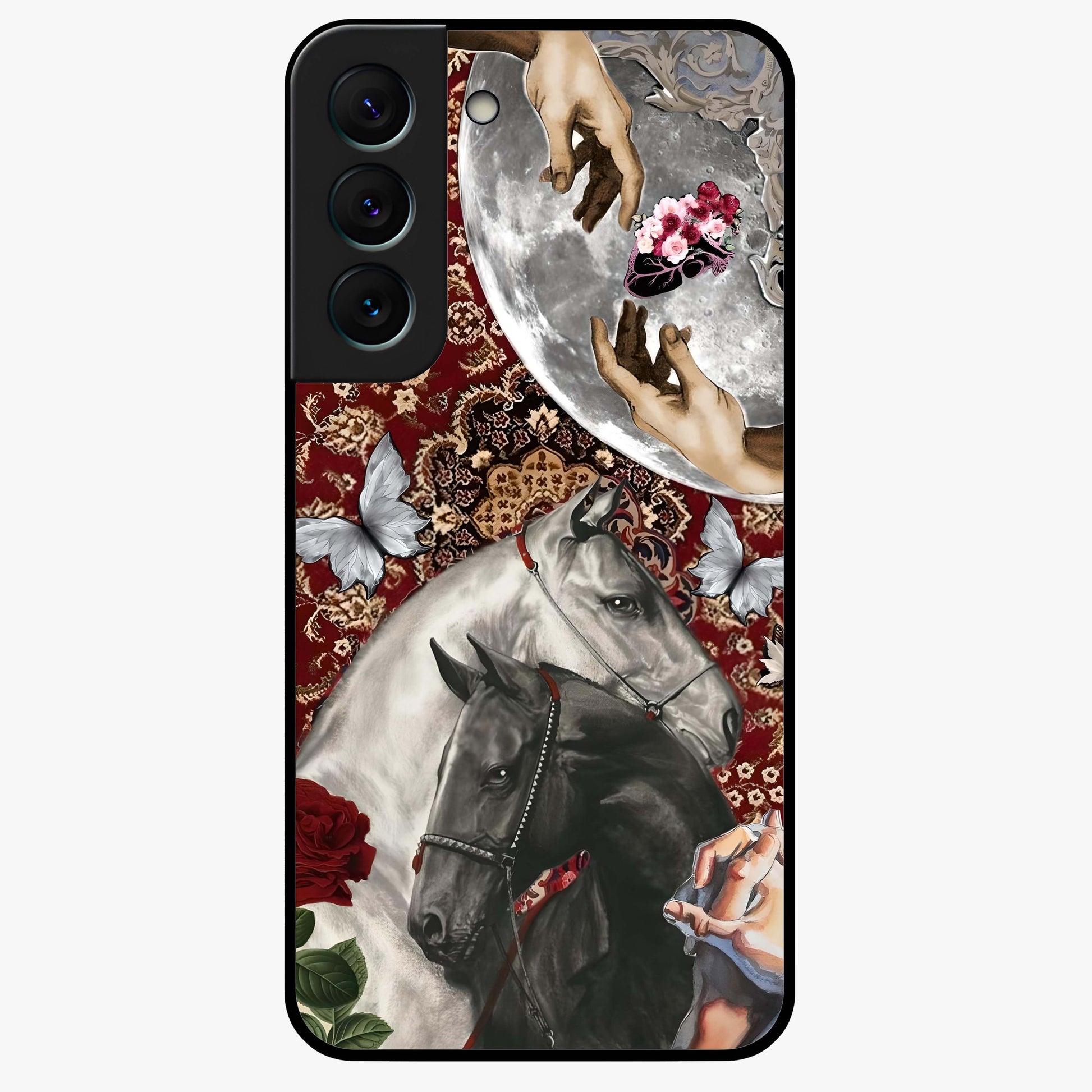 Moonlit Royal Stallion Glass Case showing flat back view with majestic horse under moonlight artwork and glossy glass finish.