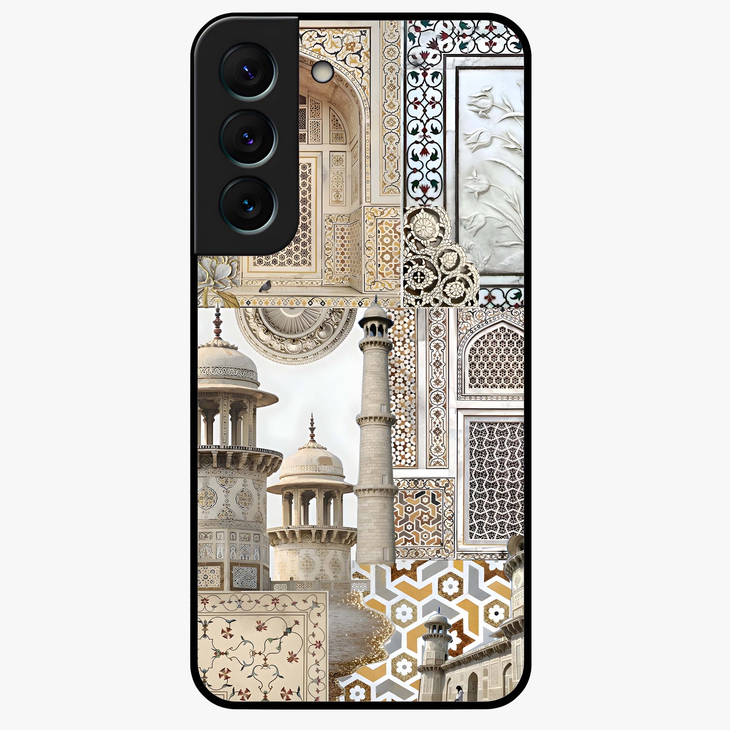 Mughal Marble Legacy Glass Case showing flat back view with intricate Mughal inspired marble pattern and glossy glass finish.