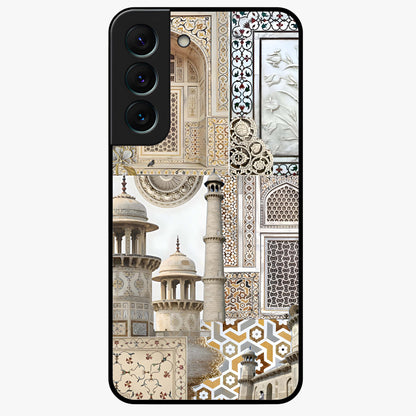 Mughal Marble Legacy Glass Case showing flat back view with intricate Mughal inspired marble pattern and glossy glass finish.