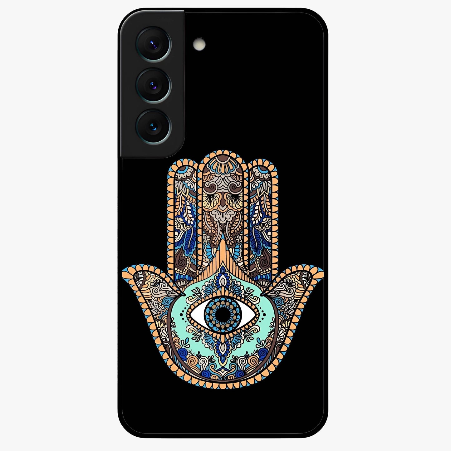 Mystic Hamsa Eye Glass Case showing flat back view with protective hamsa hand and evil eye artwork and glossy glass finish.