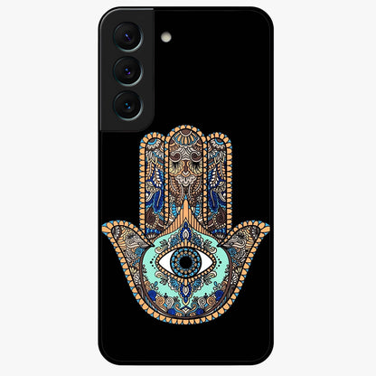 Mystic Hamsa Eye Glass Case showing flat back view with protective hamsa hand and evil eye artwork and glossy glass finish.