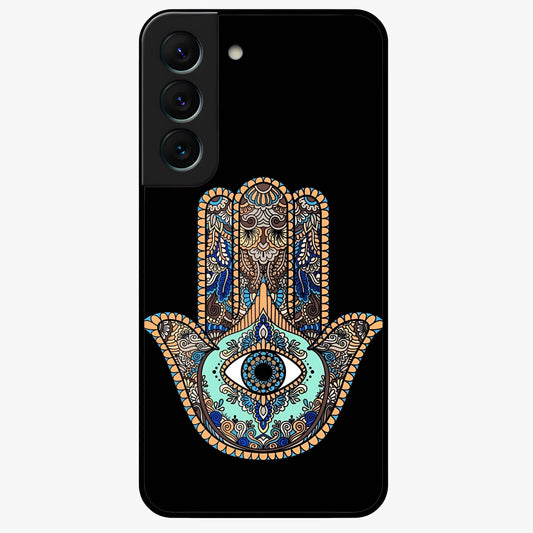 Mystic Hamsa Eye Glass Case showing flat back view with protective hamsa hand and evil eye artwork and glossy glass finish.