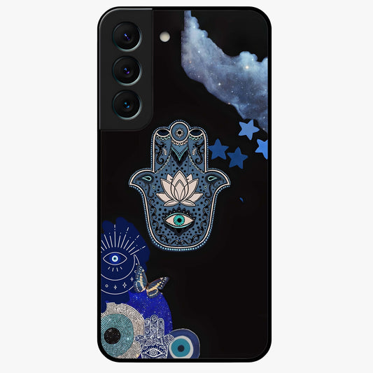Mystic Hand Aura Glass Case showing flat back view with mystical hand symbol artwork and glossy glass finish.