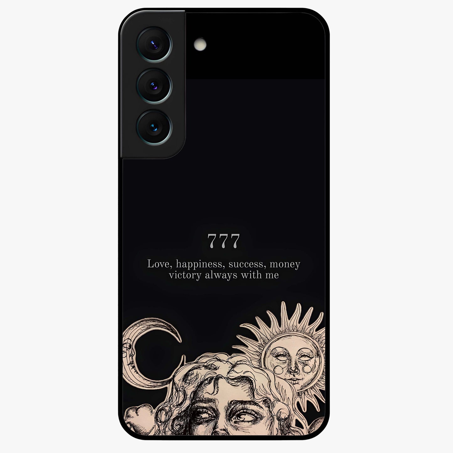 Mystic Victory Aura Glass Case showing flat back view with victory symbol artwork and glossy glass finish.
