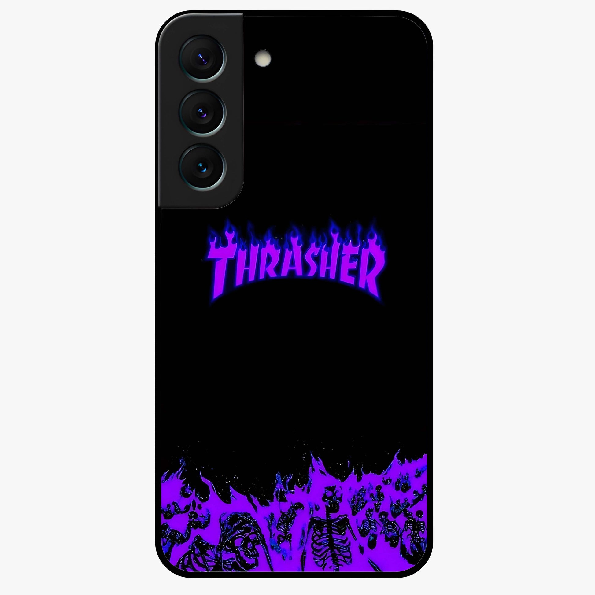 Neon Flame Riot Glass Case showing flat back view with neon flame artwork and glossy glass finish.