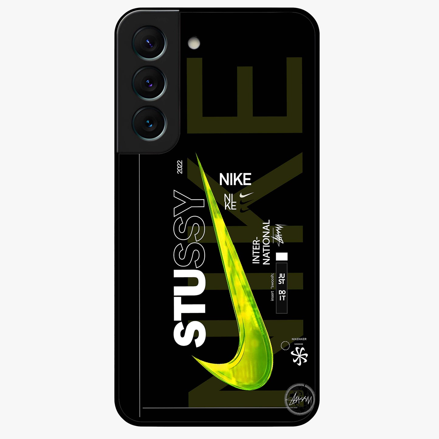 Neon Street Edition Glass Case showing flat back view with neon street style artwork and glossy glass finish.
