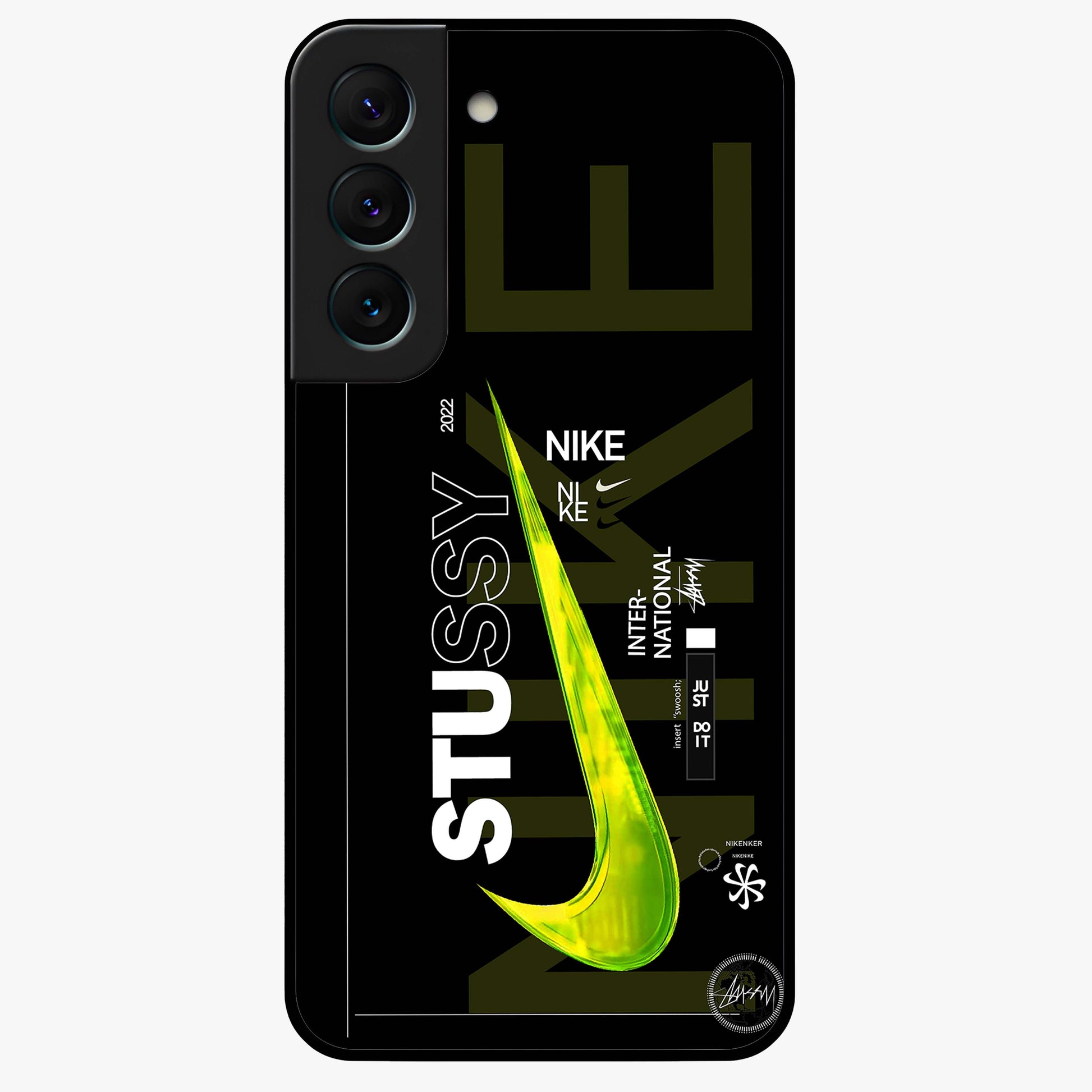 Neon Street Edition Glass Case showing flat back view with neon street style artwork and glossy glass finish.