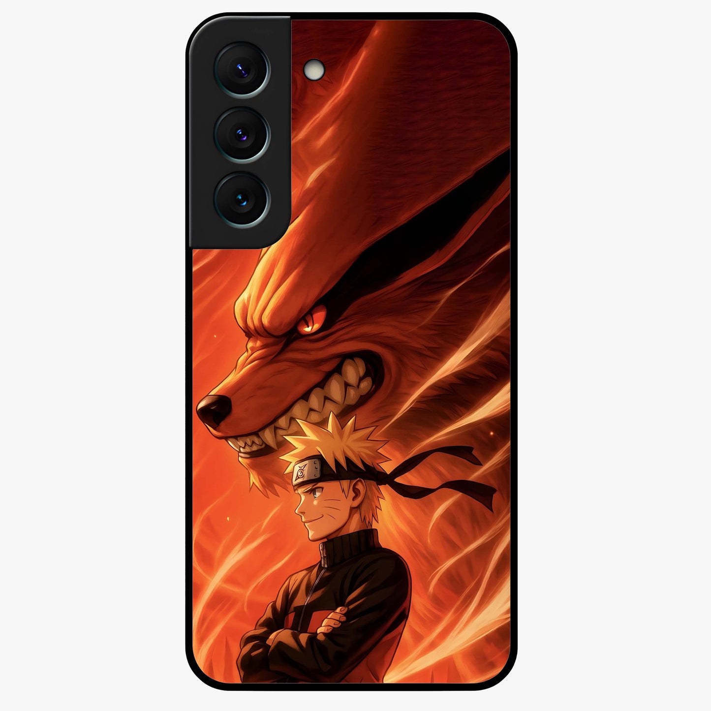 Nine Tails Legacy Glass Case showing flat back view with powerful nine-tailed fox inspired artwork and glossy glass finish.