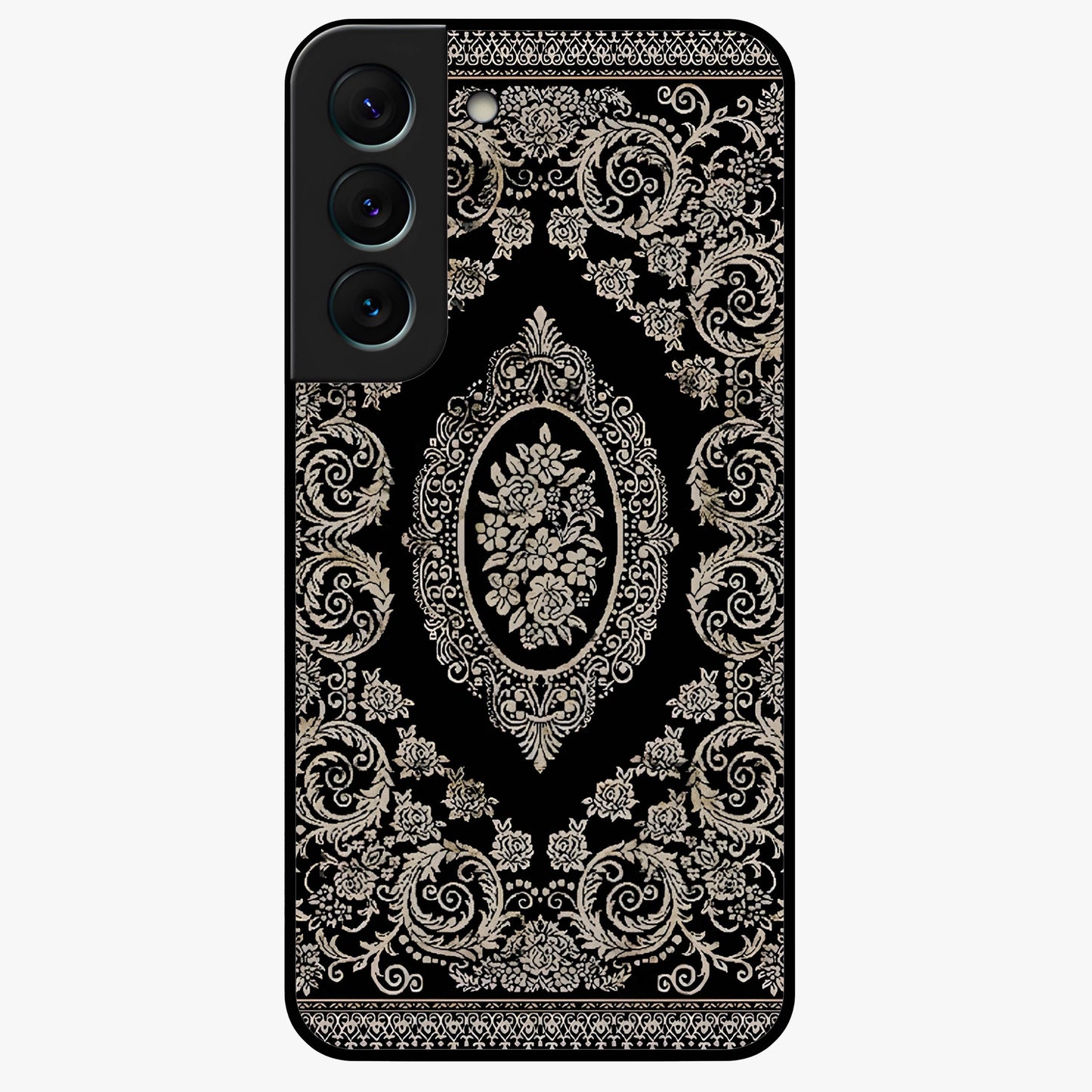 Noir Bloom Elegance Glass Case showing flat back view with elegant dark floral artwork and glossy glass finish.
