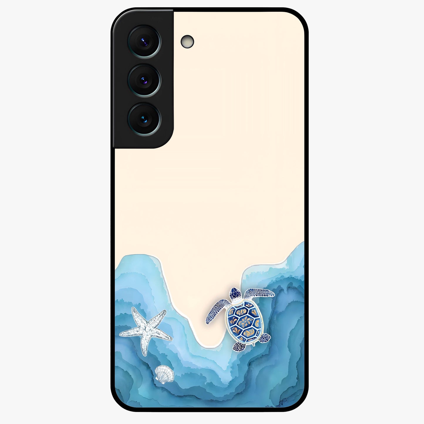 Ocean Drift Turtle Glass Case showing flat back view with sea turtle artwork and glossy glass finish.