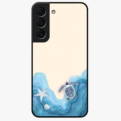 Ocean Drift Turtle Glass Case showing flat back view with sea turtle artwork and glossy glass finish.