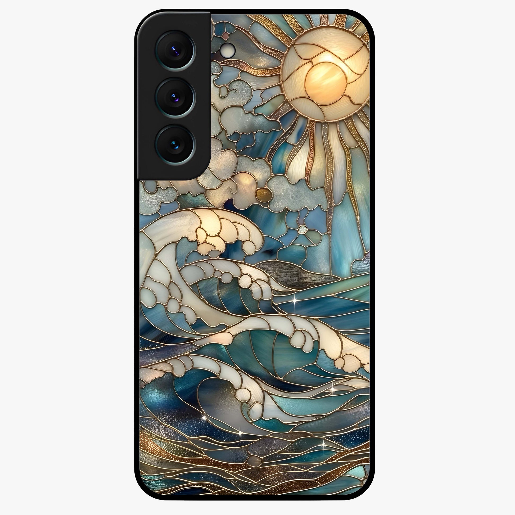 Oceanic Stained Printed Glass Case showing flat back view with ocean inspired stained pattern artwork and glossy glass finish.