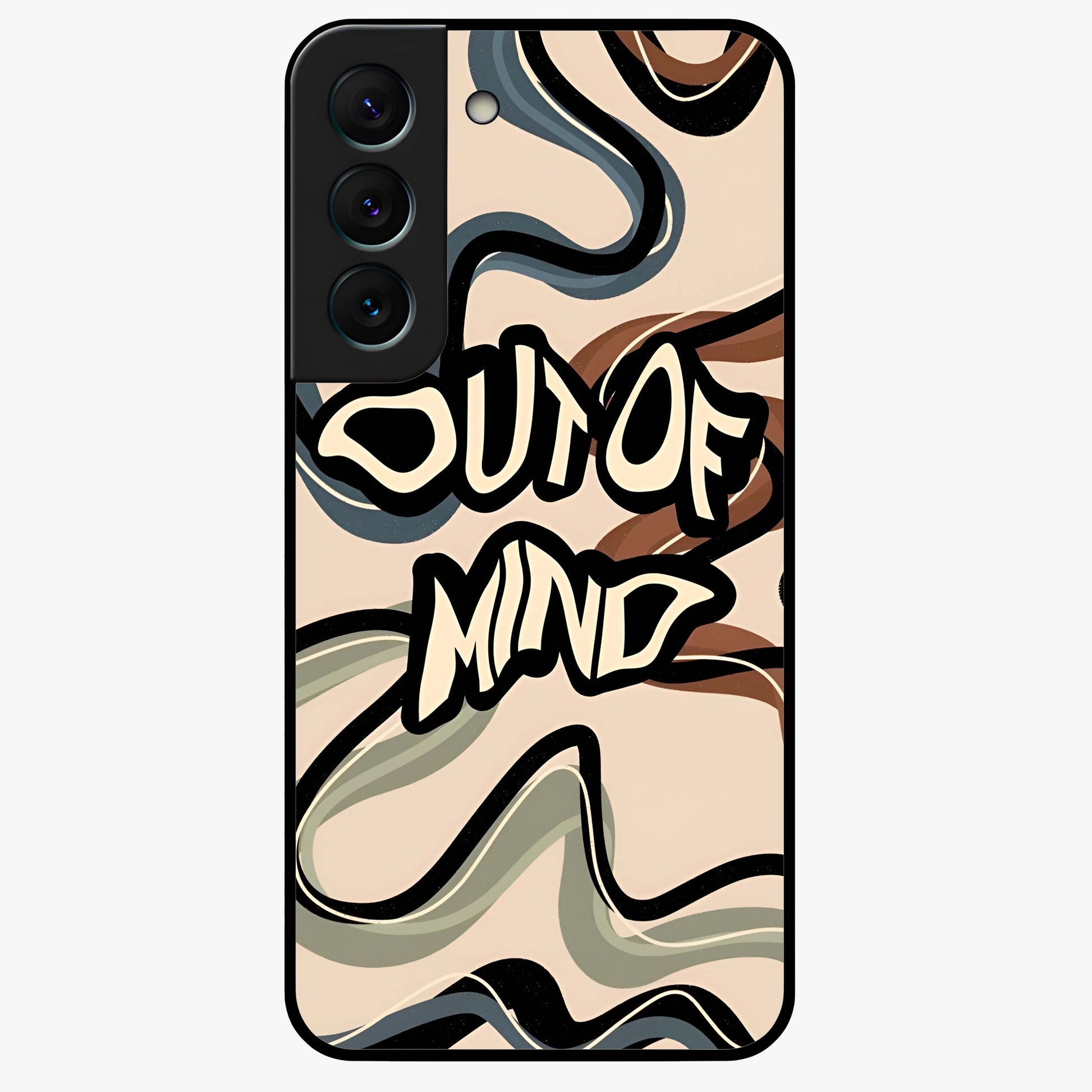Out Of Mind Glass Case showing flat back view with expressive typography artwork and glossy glass finish.