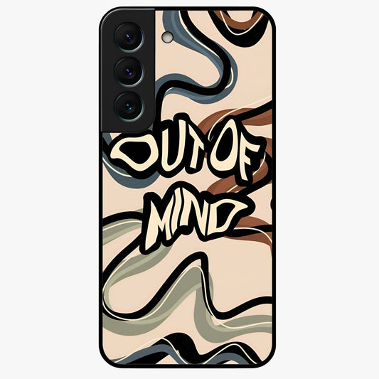 Out Of Mind Glass Case showing flat back view with expressive typography artwork and glossy glass finish.