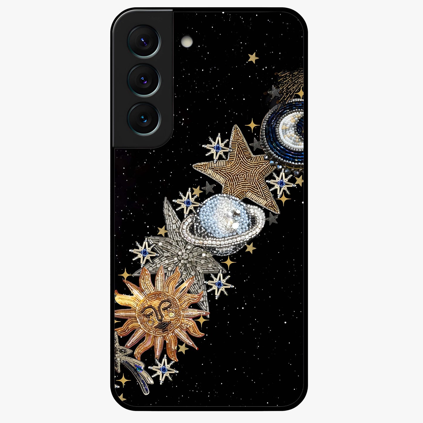 Pearls Universe Object Glass Case showing flat back view with pearl inspired cosmic artwork and glossy glass finish.