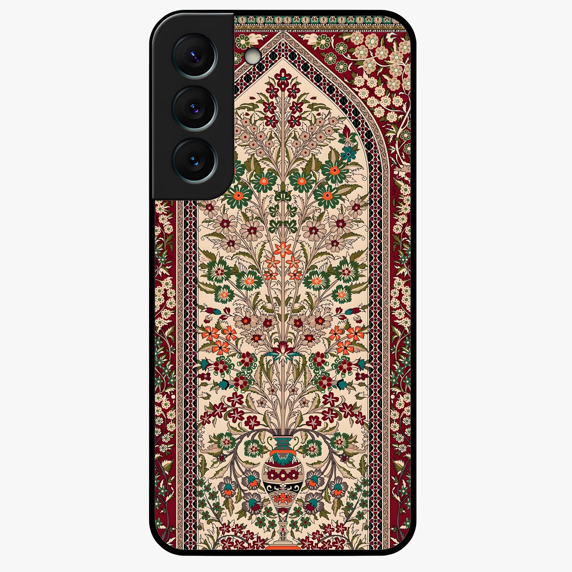 Persian Inspired Glass Case showing flat back view with ornate Persian style pattern artwork and glossy glass finish.
