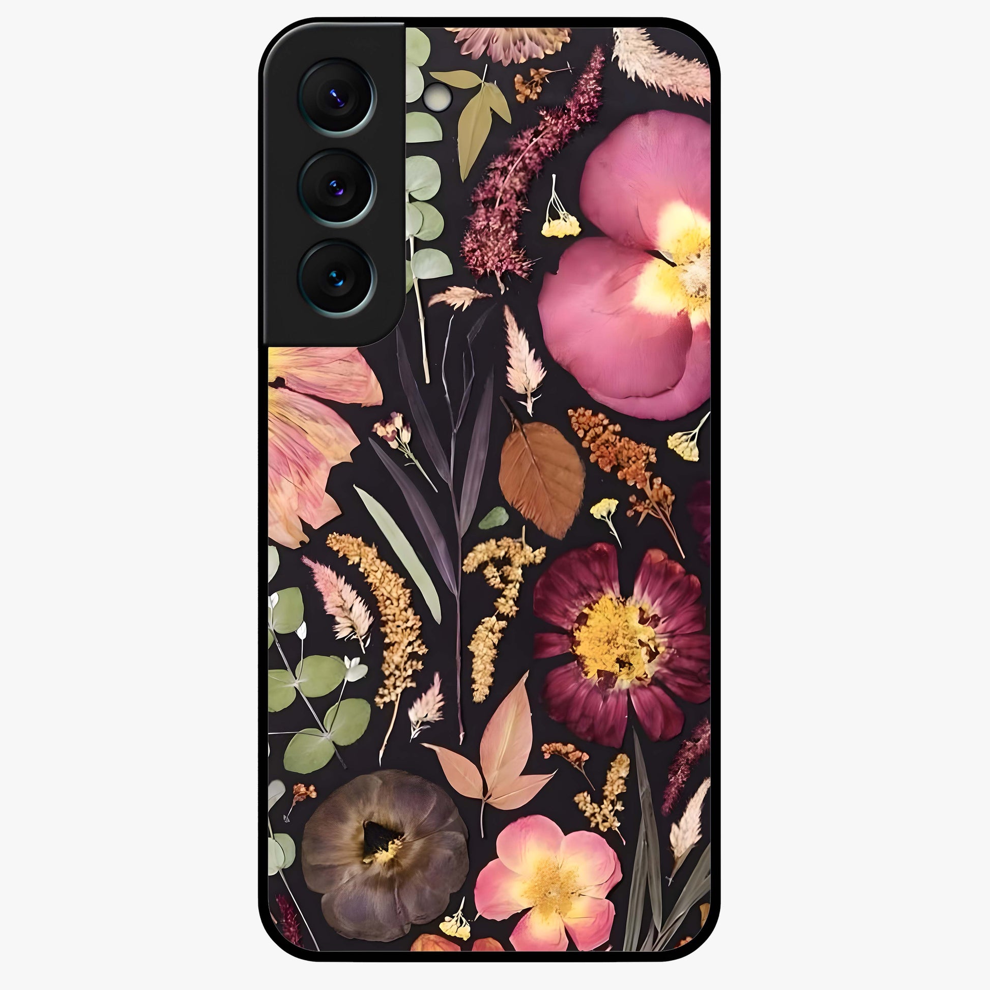 Petal Dream Tapestry Glass Case showing flat back view with intricate floral tapestry artwork and glossy glass finish.