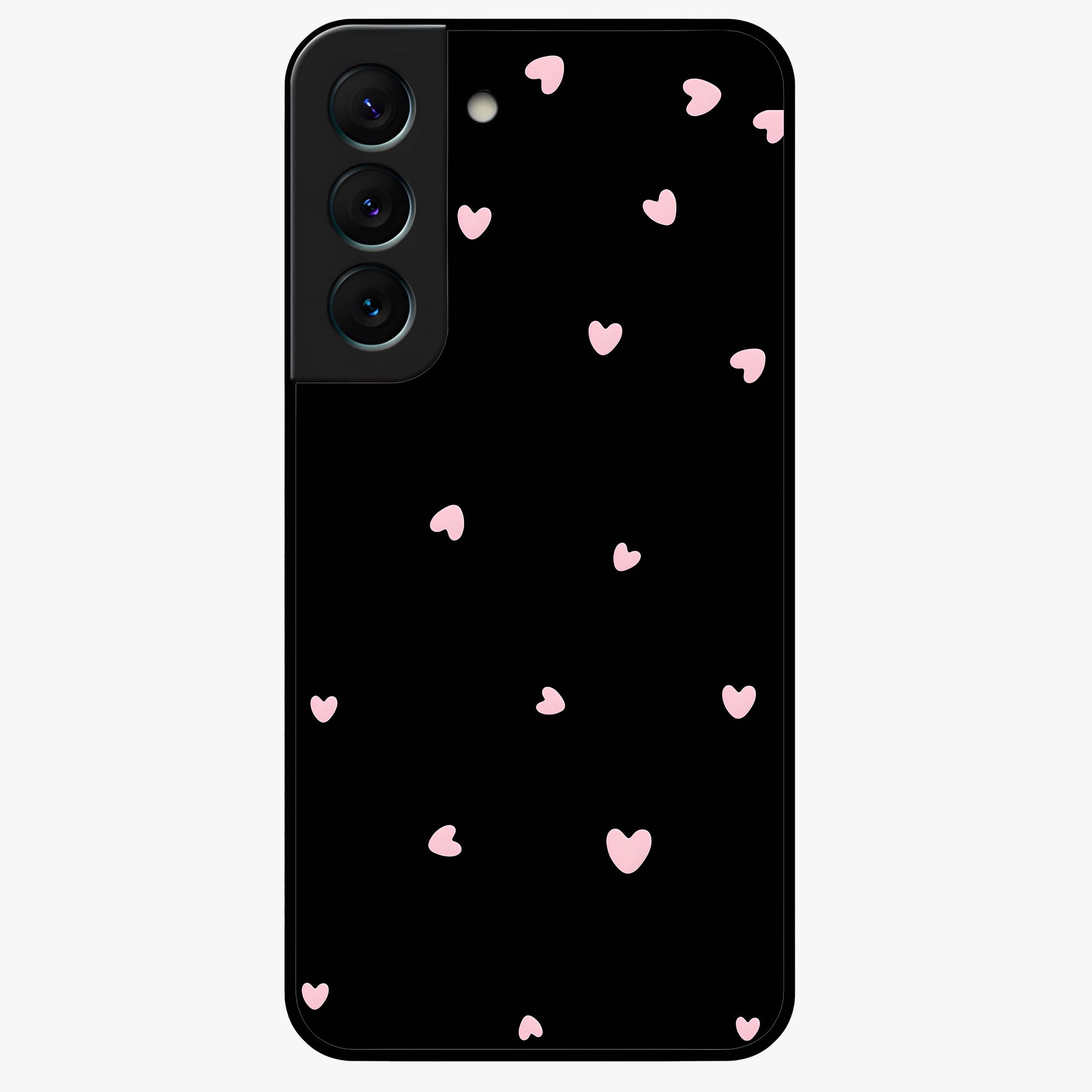 Pink Love Drops Glass Case showing flat back view with playful pink heart drops artwork and glossy glass finish.