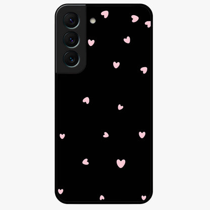Pink Love Drops Glass Case showing flat back view with playful pink heart drops artwork and glossy glass finish.