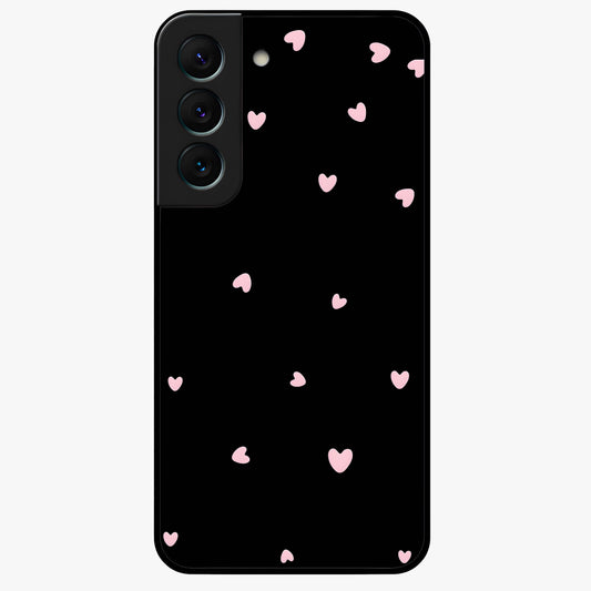 Pink Love Drops Glass Case showing flat back view with playful pink heart drops artwork and glossy glass finish.