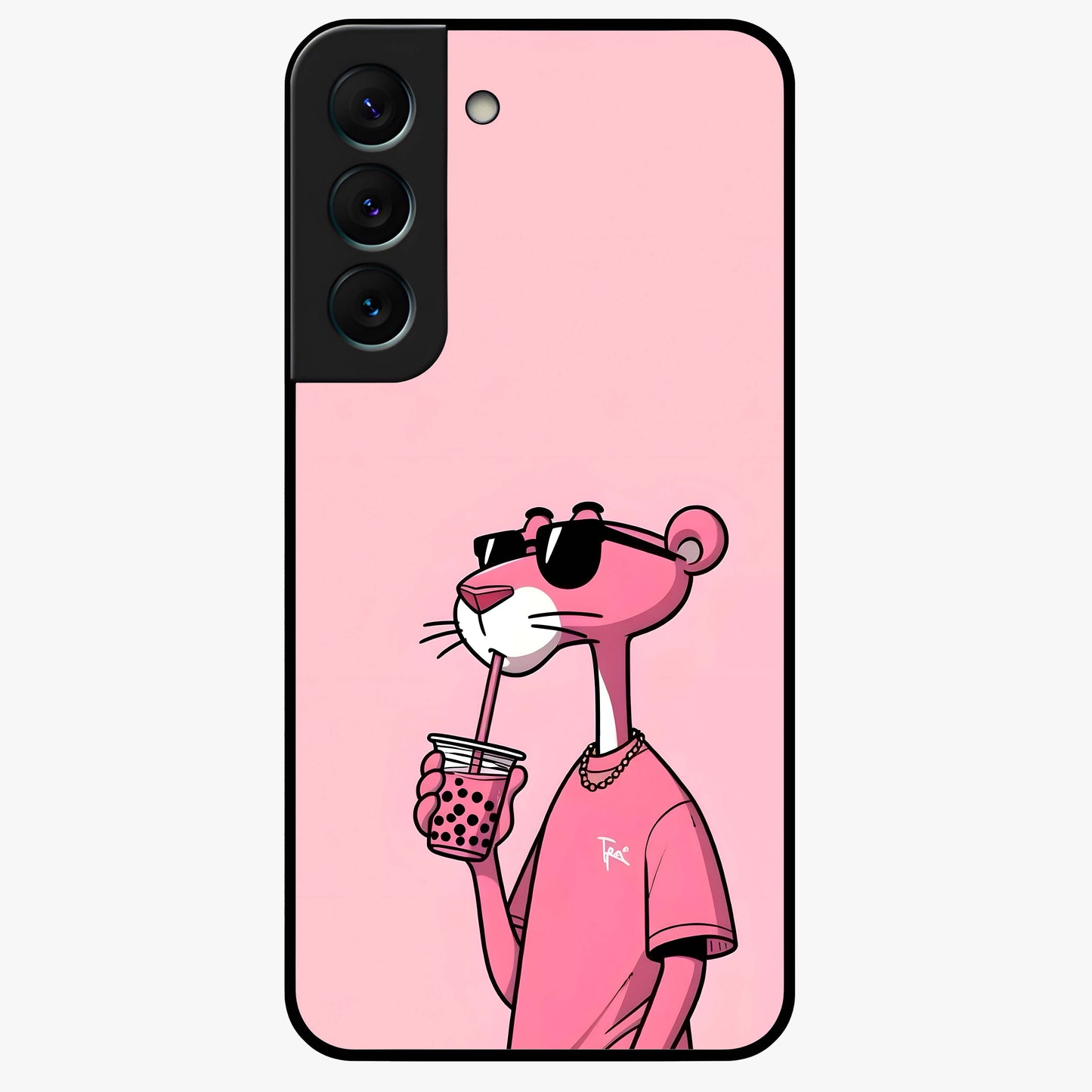 Pink Panther Glass Case showing flat back view with iconic pink panther artwork and glossy glass finish.