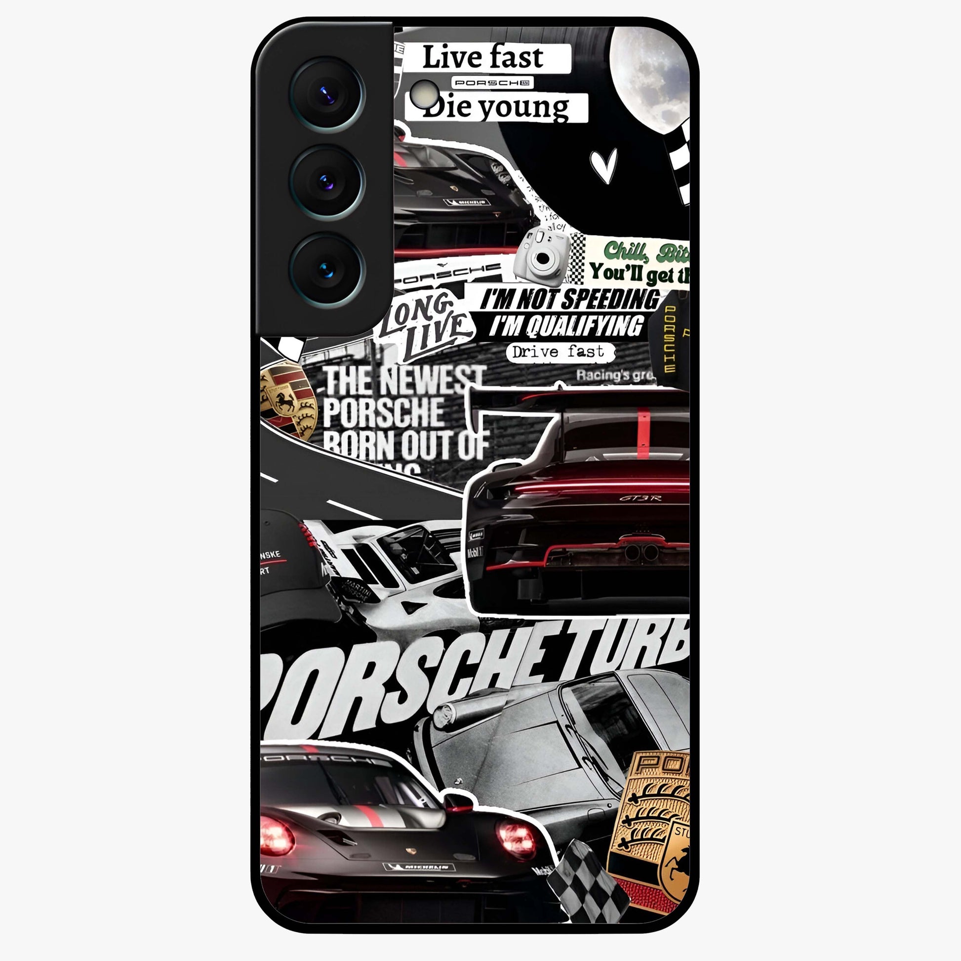 Porsche Racing Collage Glass Case showing flat back view with sports car racing collage artwork and glossy glass finish.