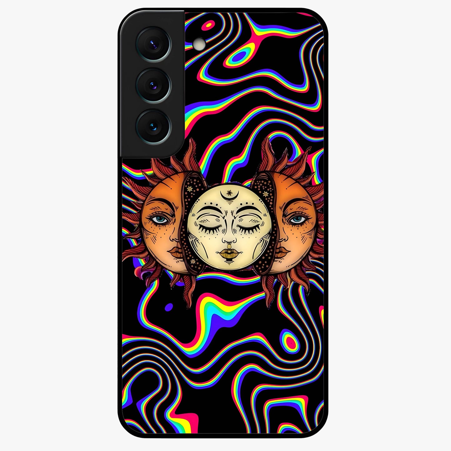Psychedelic Sun Glass Case showing flat back view with colorful psychedelic sun artwork and glossy glass finish.