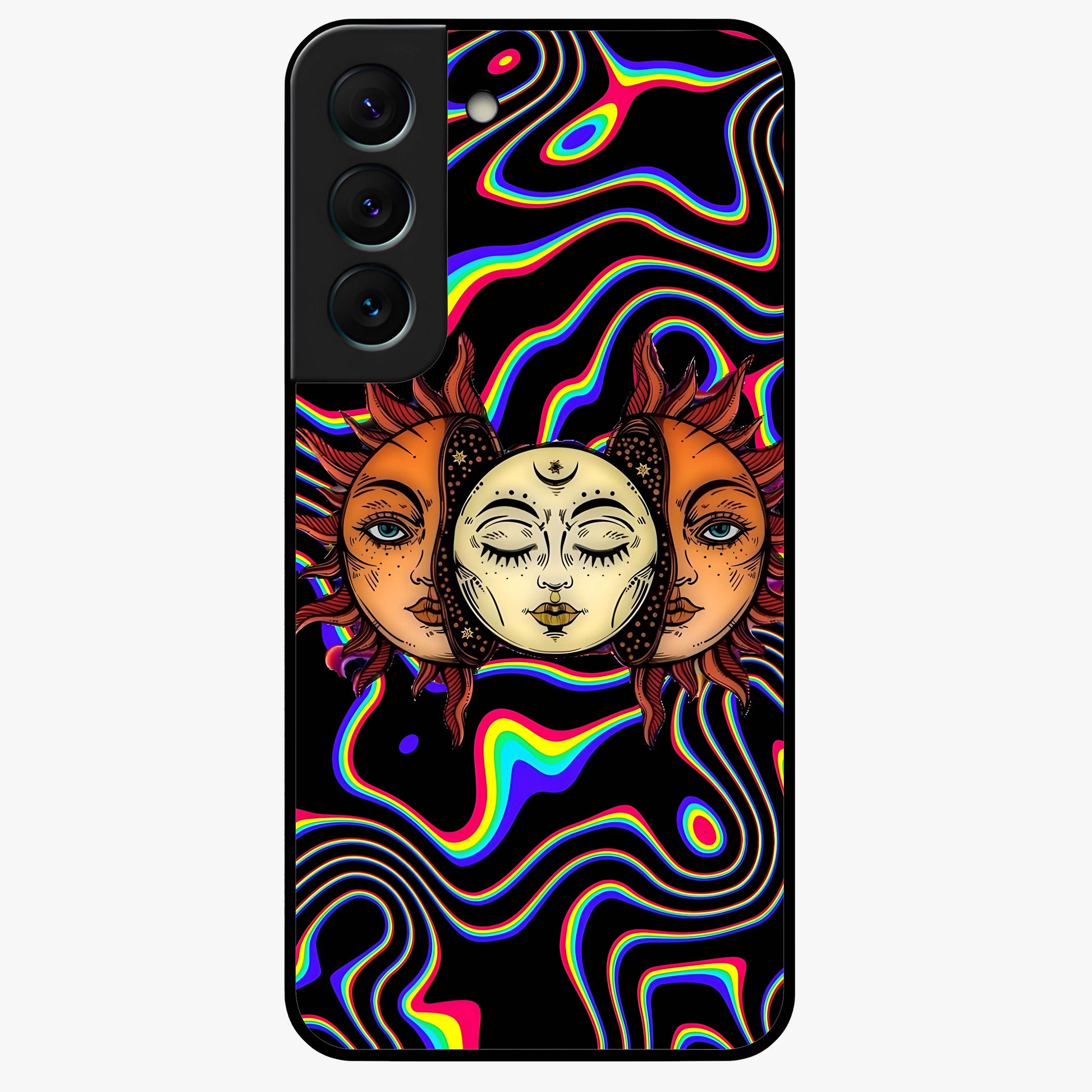 Psychedelic Sun Glass Case showing flat back view with colorful psychedelic sun artwork and glossy glass finish.