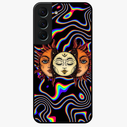Psychedelic Sun Glass Case showing flat back view with colorful psychedelic sun artwork and glossy glass finish.