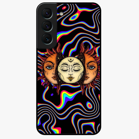 Psychedelic Sun Glass Case showing flat back view with colorful psychedelic sun artwork and glossy glass finish.