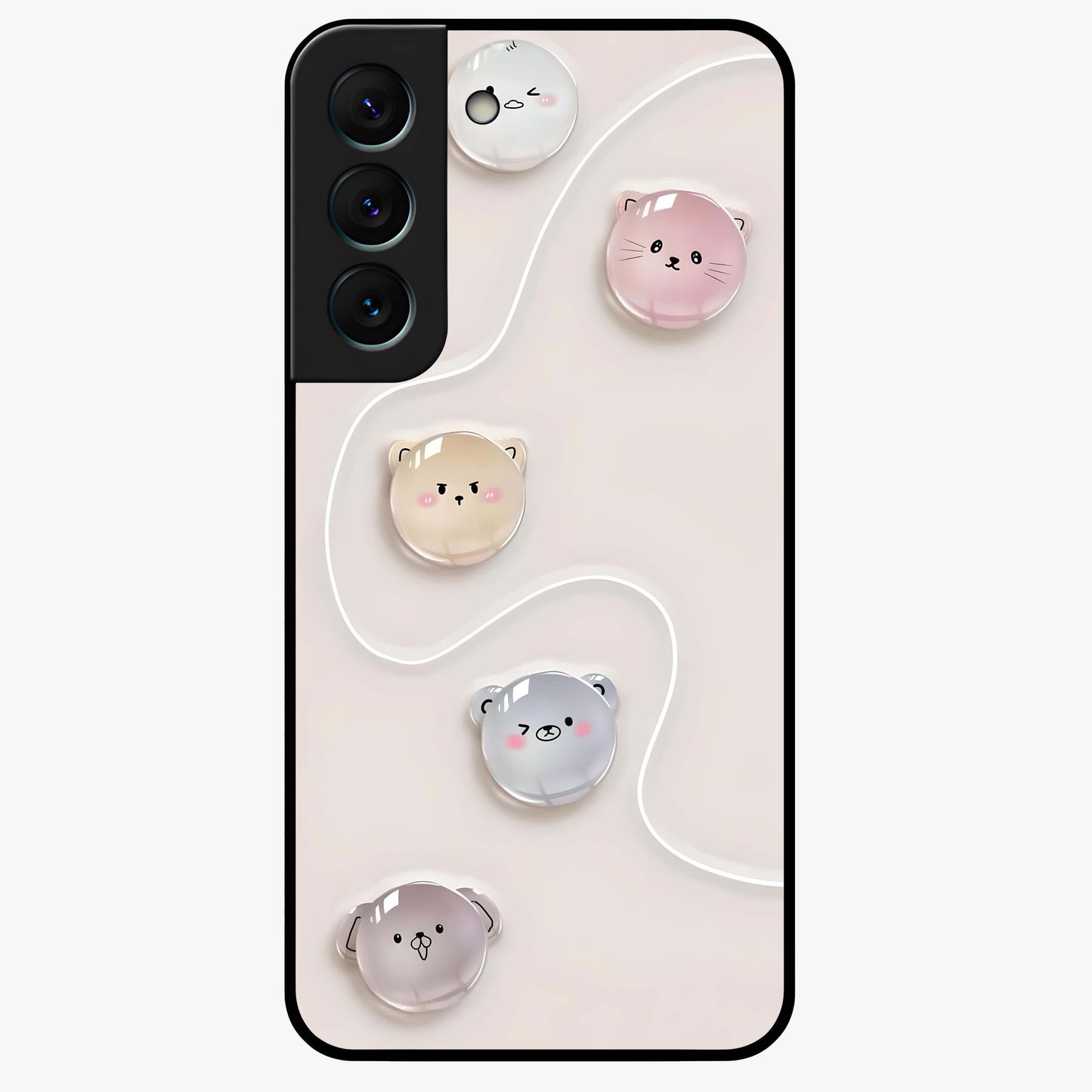 Puffy Face Parade Glass Case showing flat back view with cute puffy character faces artwork and glossy glass finish.