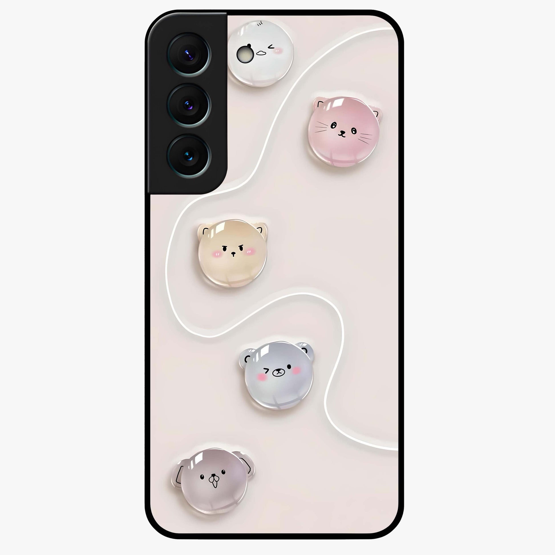 Puffy Face Parade Glass Case showing flat back view with cute puffy character faces artwork and glossy glass finish.