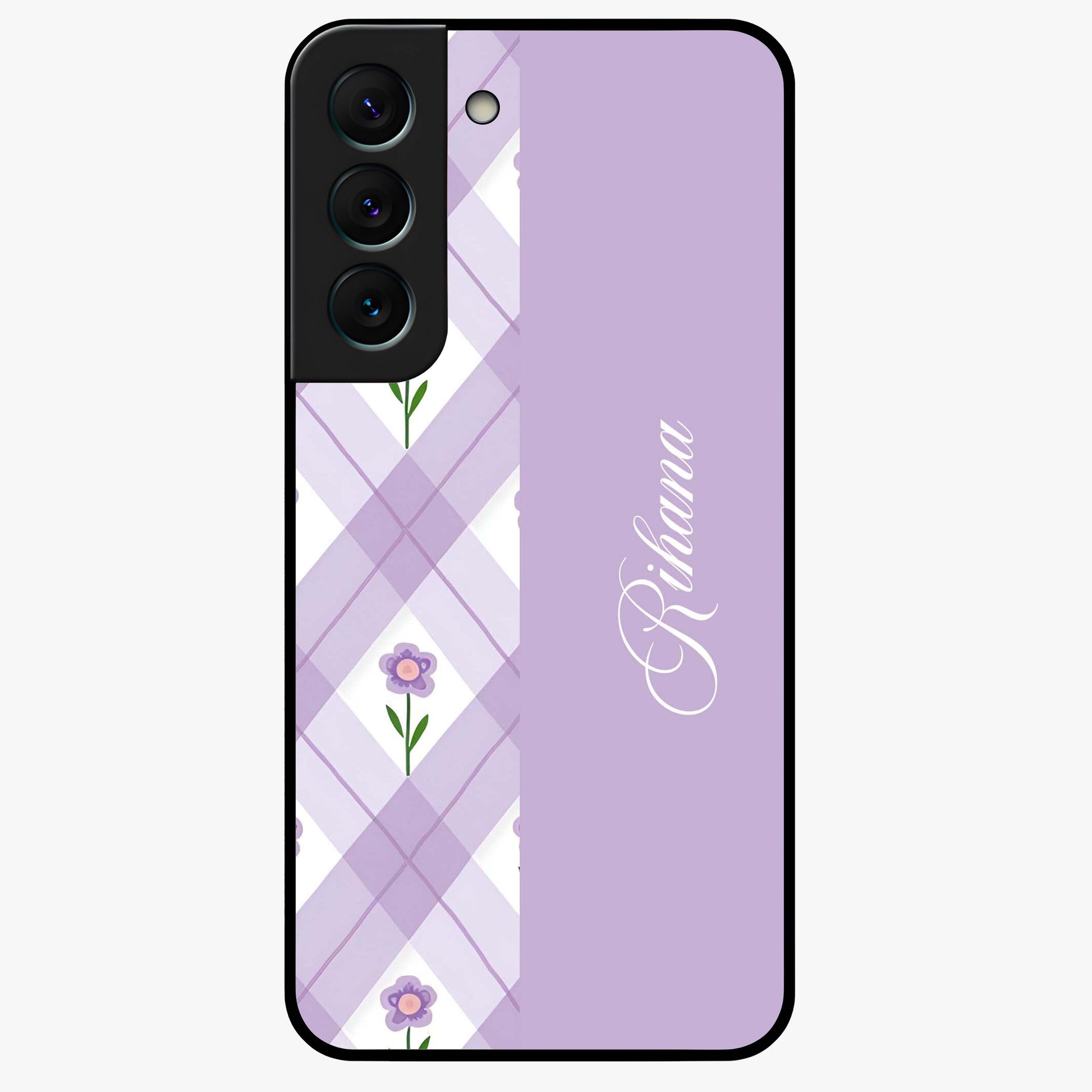 Purple Diamond Floral Glass Case showing flat back view with diamond shaped floral artwork and glossy glass finish.