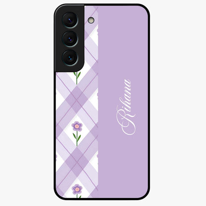 Purple Diamond Floral Glass Case showing flat back view with diamond shaped floral artwork and glossy glass finish.